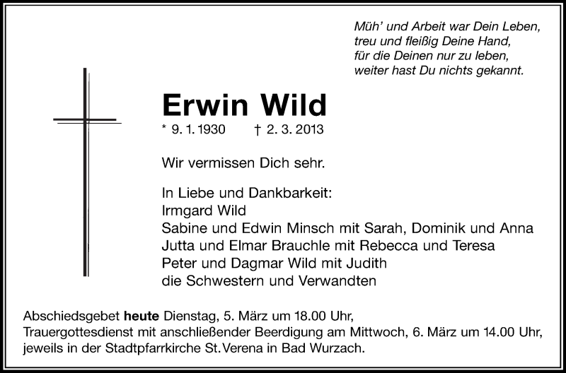  Traueranzeige für Erwin Wild vom 05.03.2013 aus Schwäbische Zeitung