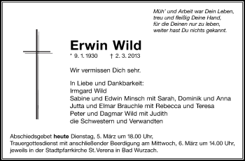 Anzeige von Erwin Wild von Schwäbische Zeitung