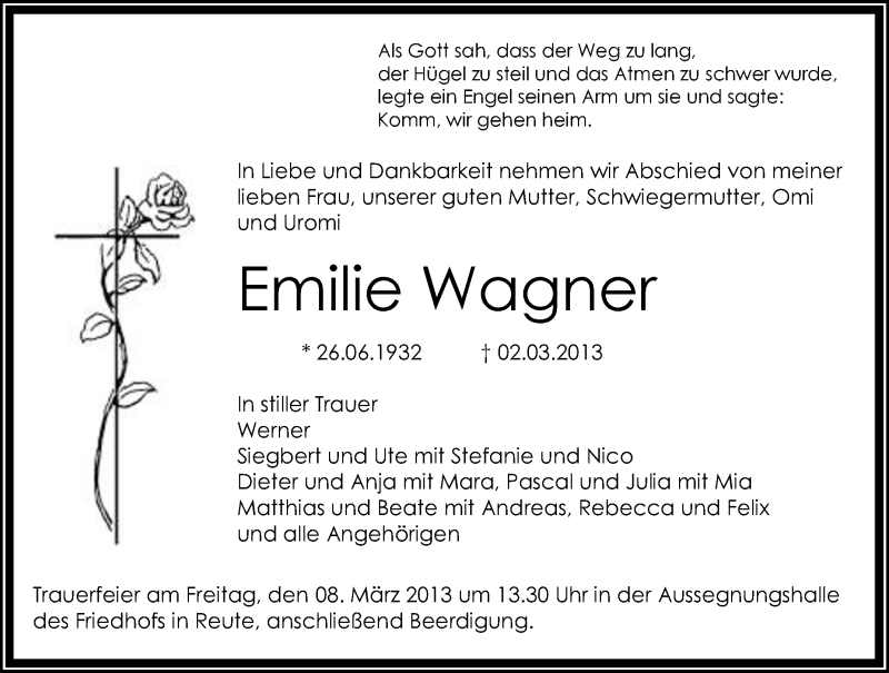  Traueranzeige für Emilie Wagner vom 05.03.2013 aus Schwäbische Zeitung