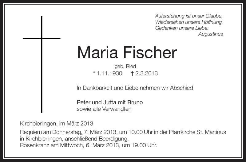  Traueranzeige für Maria Fischer vom 05.03.2013 aus Schwäbische Zeitung