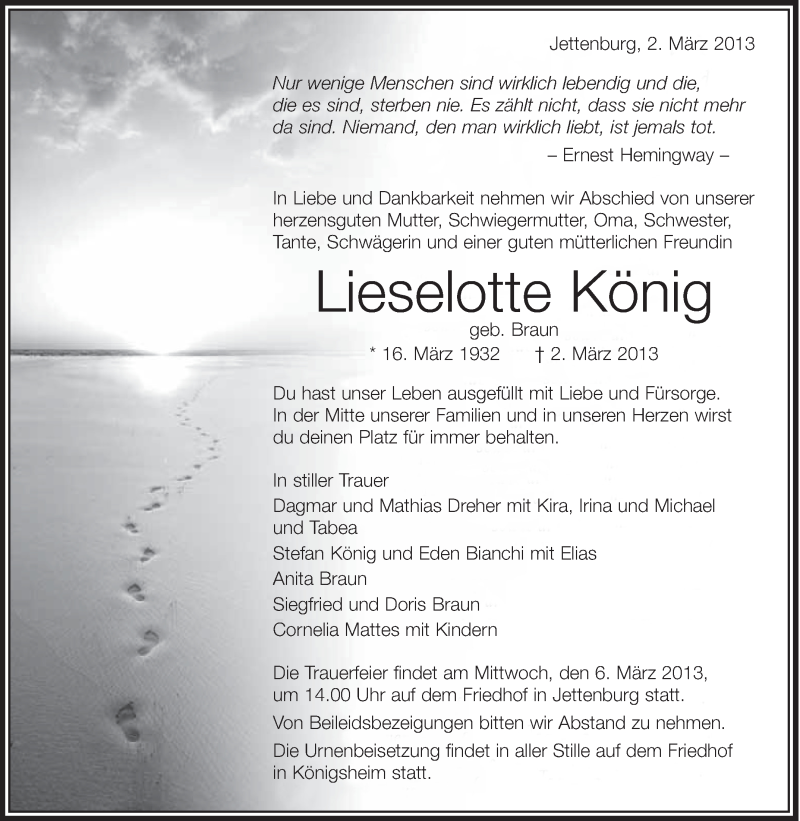  Traueranzeige für Lieselotte König vom 05.03.2013 aus Schwäbische Zeitung