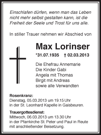 Anzeige von Max Lorinser von Schwäbische Zeitung