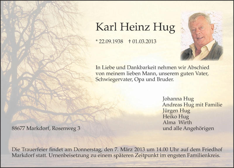  Traueranzeige für Karl Heinz Hug vom 05.03.2013 aus Schwäbische Zeitung