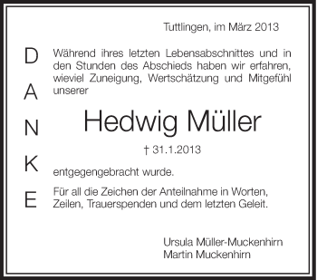 Anzeige von Hedwig Müller von Schwäbische Zeitung
