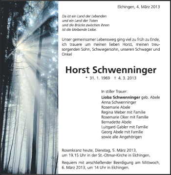 Anzeige von Horst Schwenninger von Schwäbische Zeitung