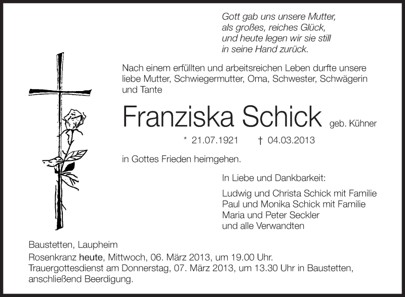  Traueranzeige für Franziska Schick vom 06.03.2013 aus Schwäbische Zeitung