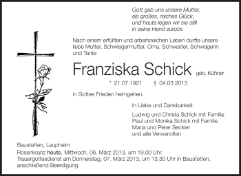 Anzeige von Franziska Schick von Schwäbische Zeitung