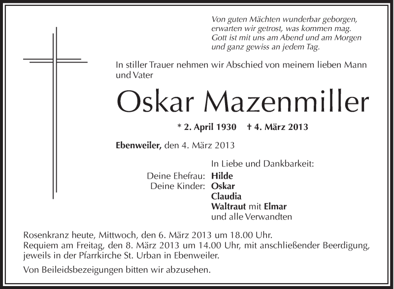  Traueranzeige für Oskar Mazenmiller vom 06.03.2013 aus Schwäbische Zeitung