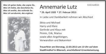 Anzeige von Annemarie Lutz von Schwäbische Zeitung