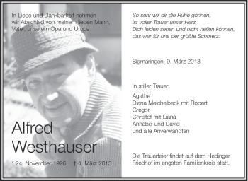 Anzeige von Alfred Westhauser von Schwäbische Zeitung