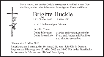 Anzeige von Brigitte Huckle von Schwäbische Zeitung
