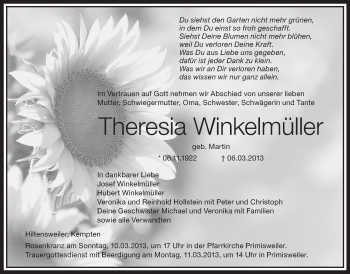Anzeige von Theresia Winkelmüller von Schwäbische Zeitung