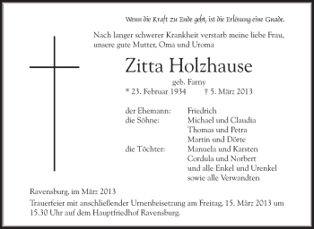 Anzeige von Zitta Holzhause von Schwäbische Zeitung