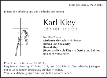 Anzeige von Karl Kley von Schwäbische Zeitung
