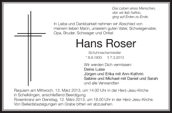 Anzeige von Hans Roser von Schwäbische Zeitung