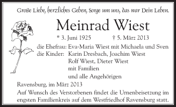Anzeige von Meinrad Wiest von Schwäbische Zeitung