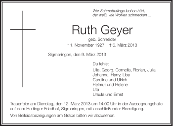 Anzeige von Ruth Geyer von Schwäbische Zeitung
