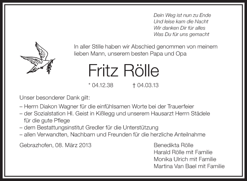  Traueranzeige für Fritz Rölle vom 09.03.2013 aus Schwäbische Zeitung