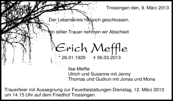 Anzeige von Erich Meffle von Schwäbische Zeitung