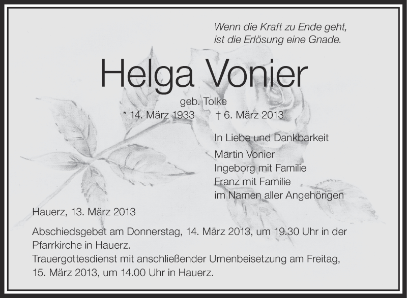  Traueranzeige für Helga Vonier vom 13.03.2013 aus Schwäbische Zeitung