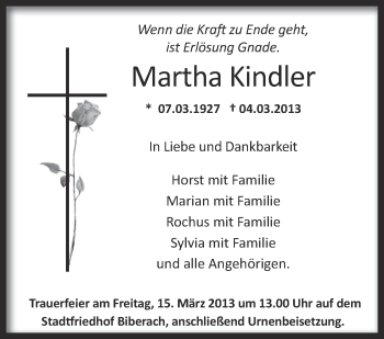 Anzeige von Martha Kindler von Schwäbische Zeitung