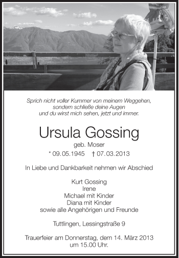 Anzeige von Ursula Gossing von Schwäbische Zeitung