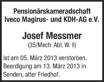 Anzeige von Josef Messmer von Schwäbische Zeitung