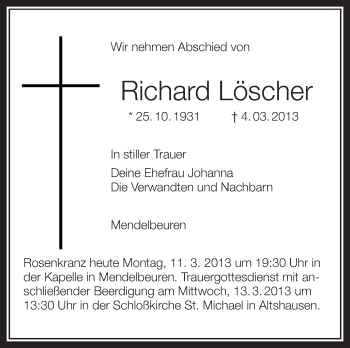 Anzeige von Richard Löscher von Schwäbische Zeitung