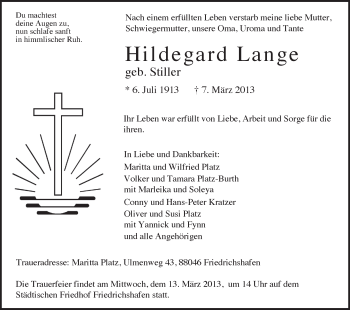Anzeige von Hildegard Lange von Schwäbische Zeitung