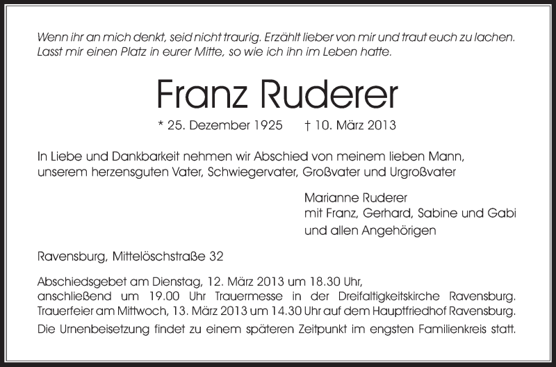  Traueranzeige für Franz Ruderer vom 12.03.2013 aus Schwäbische Zeitung