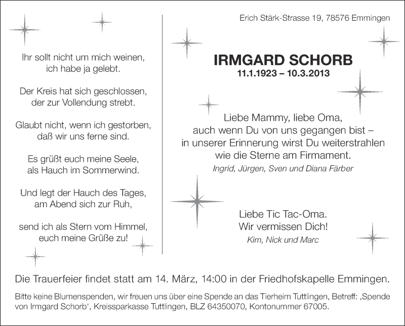  Traueranzeige für Irmgard Schorb vom 12.03.2013 aus Schwäbische Zeitung