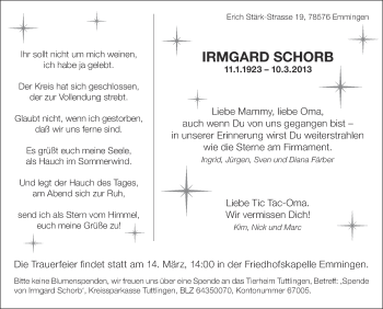 Anzeige von Irmgard Schorb von Schwäbische Zeitung