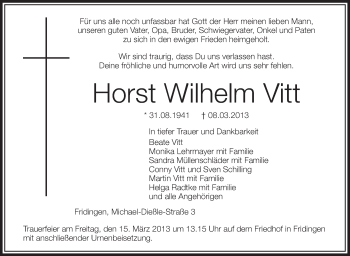 Anzeige von Horst Wilhelm Vitt von Schwäbische Zeitung