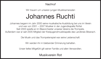 Anzeige von Johannes Ruchti von Schwäbische Zeitung