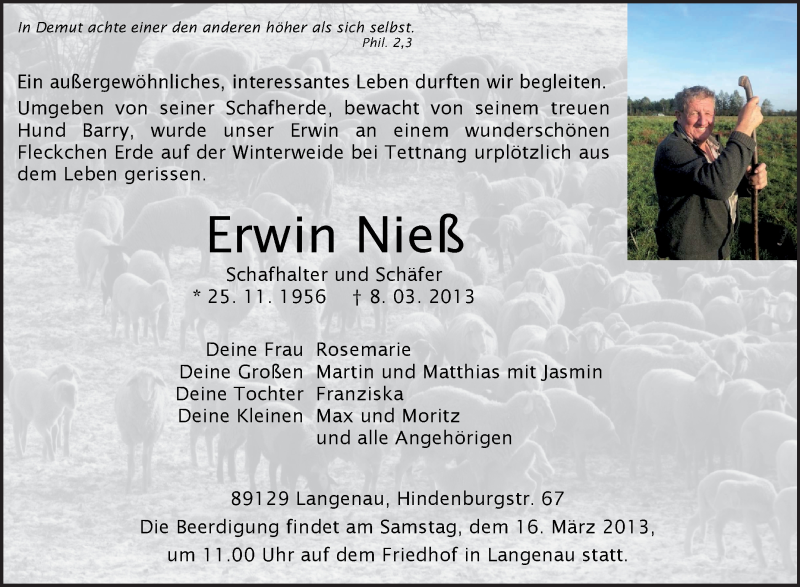  Traueranzeige für Erwin Nieß vom 12.03.2013 aus Schwäbische Zeitung