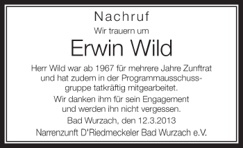 Anzeige von Erwin Wild von Schwäbische Zeitung