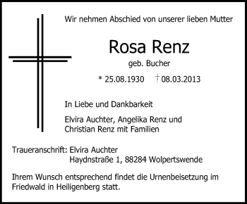 Anzeige von Rosa Renz von Schwäbische Zeitung