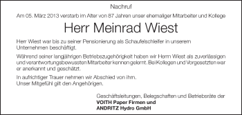 Anzeige von Meinrad Wiest von Schwäbische Zeitung