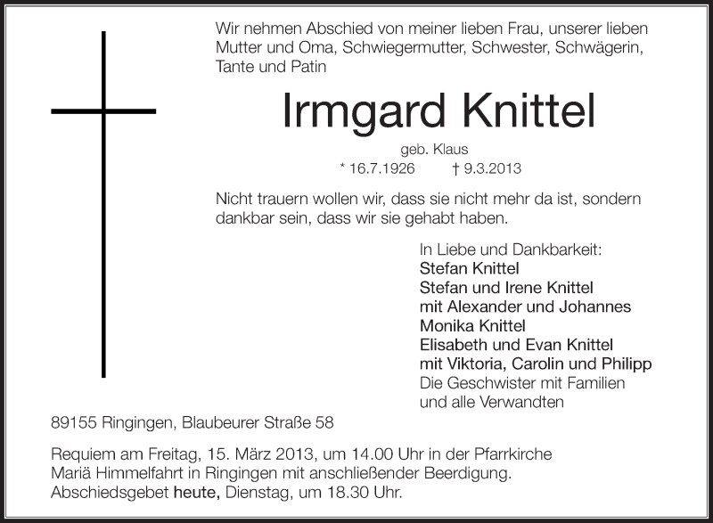  Traueranzeige für Irmgard Knittel vom 12.03.2013 aus Schwäbische Zeitung