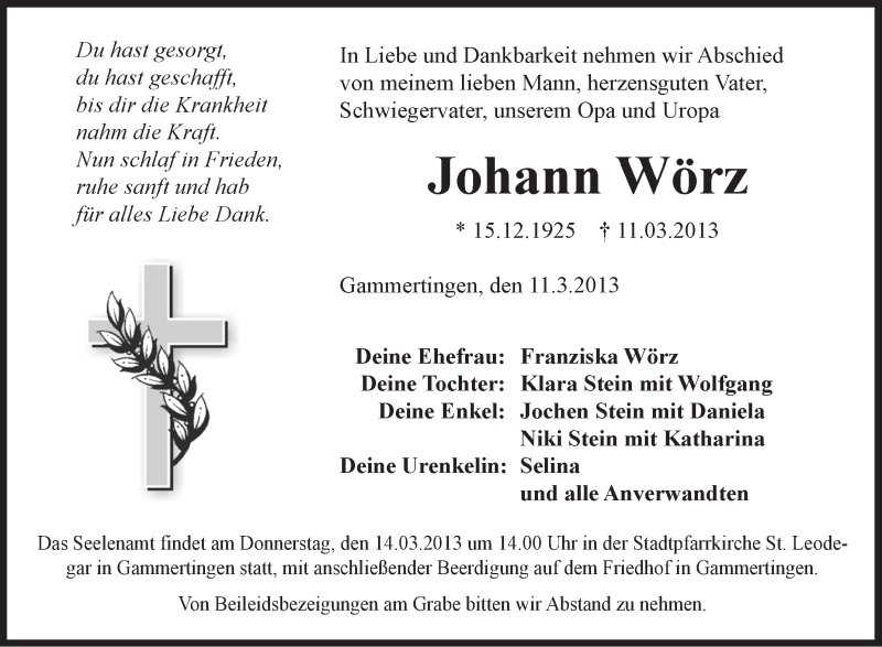  Traueranzeige für Johann Wörz vom 12.03.2013 aus Schwäbische Zeitung