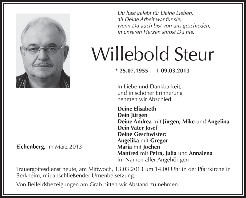  Traueranzeige für Willebold Steur vom 13.03.2013 aus Schwäbische Zeitung