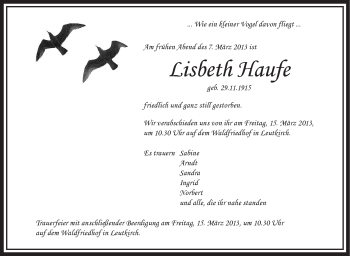 Anzeige von Lisbeth Haufe von Schwäbische Zeitung