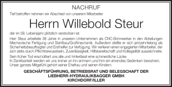 Anzeige von Willebold Steur von Schwäbische Zeitung
