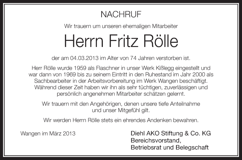  Traueranzeige für Fritz Rölle vom 14.03.2013 aus Schwäbische Zeitung