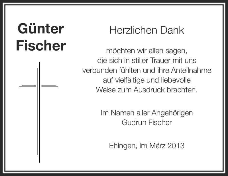  Traueranzeige für Günter Fischer vom 15.03.2013 aus Schwäbische Zeitung