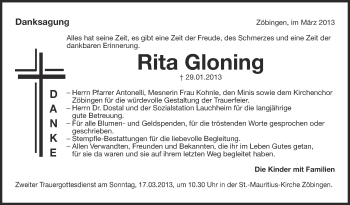 Anzeige von Rita Gloning von Schwäbische Zeitung