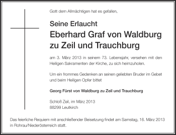Anzeige von Eberhard Graf von Waldburg zu Zeil und Trauchburg von Schwäbische Zeitung