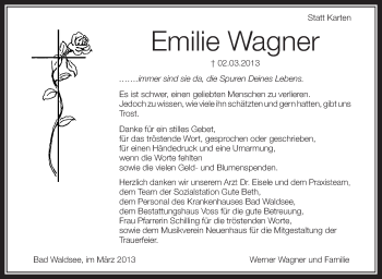 Anzeige von Emilie Wagner von Schwäbische Zeitung
