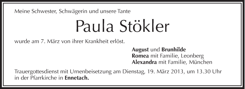  Traueranzeige für Paula Stökler vom 16.03.2013 aus Schwäbische Zeitung