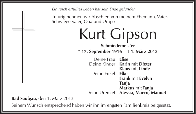  Traueranzeige für Kurt Gipson vom 18.03.2013 aus Schwäbische Zeitung